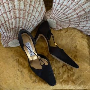 Vintage 80s Proxy satin and leather black heels with rhinestone movable detail